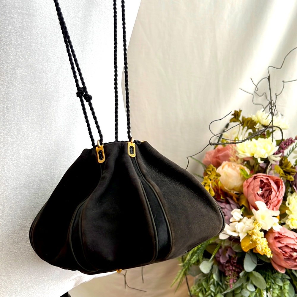 Judith Leiber Drawstring Puff Evening Bag~Black Suede Leather w/ Black Crystals